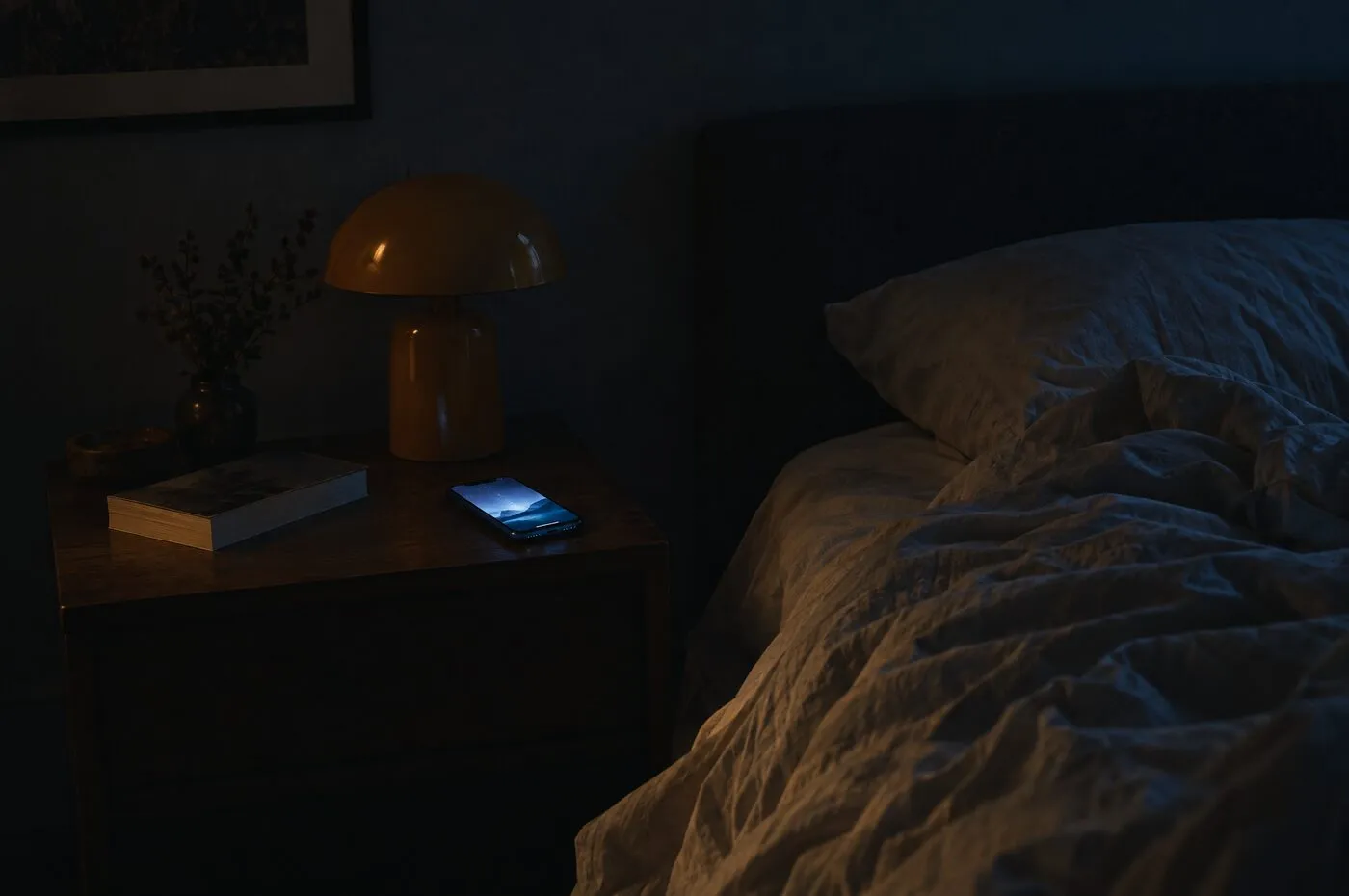 A phone lying face up on a bedside table, its screen glowing in a dark bedroom